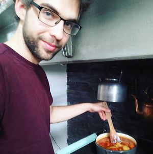 this is me, though it was taken in Ireland, doing a house-sit at an almost-off-the-grid house, cookin' some kind of made-up vegan stew out of all the plant-based stuff we found :) at The Vegan Anarchist Communal Kitchen in Esztergom