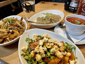 Vegan Winter Warmer Soup, Squash Salad, Vegan Poutine, and Vegan Biscuit and Mushroom Gravy at The People's Kitchen in Lansing