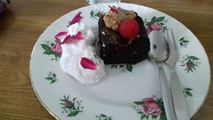 Vegan chocolate brownie with coconut cream at The Dragonfly in Dumfries
