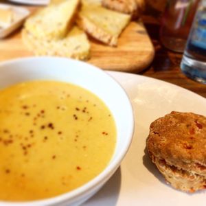 Soup and scone (delicious!) and corn bread  at The Dragonfly in Dumfries