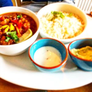 Bean chilli with guacamole and vegan sour cream  at The Dragonfly in Dumfries