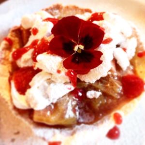 Edible flower on rhubarb tart with raspberry coulis and vegan meringue  at The Dragonfly in Dumfries