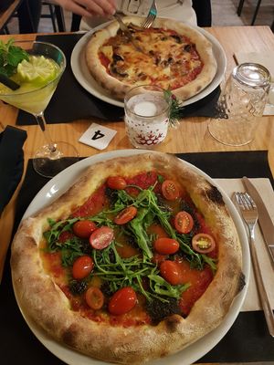 Vegan pizza with vegan mozzarella and pesto! at Vianello's in Tenerife
