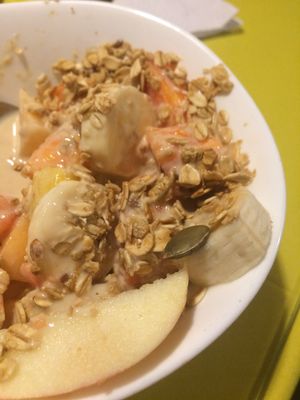 Fruit salad with vegan yogurt and oats. What a great breakfast  at Ari Comida Sana in Quito