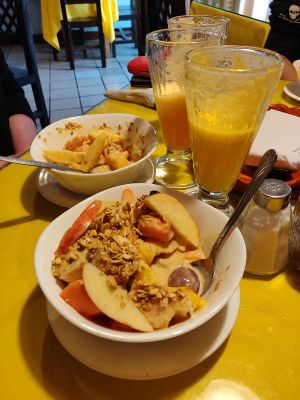 Breakfast fruit salad with vegan yogurt  at Ari Comida Sana in Quito