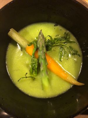 Carrot and Asparagus Soup with Pureed Beans at Chakura in Sakaishi