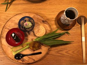 Assorted hors d'oeuvres
1) Naganasu and Kelp Battera
2) Green Pea, Herb, and Tofu Hummus and Monaka
3) Young Corn Grilled with Fuki Miso and Corn Silk Tempura croquette at Chakura in Sakaishi