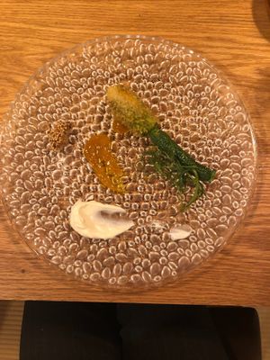 Fried Zucchini Flowers with Potato and Broad Bean Paste, Nasturtium, Mandarin, Homemade Mugwort and Soy Milk Mayonnaise at Chakura in Sakaishi