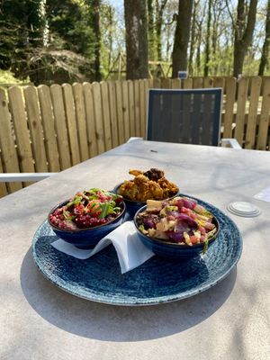 Seating area outside surrounded by trees and a small play park   at Fermoy's Garden Centre in Newton Abbot