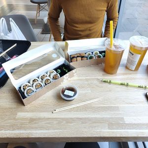Vegan chicken teriyaki rolls (left), Veg selection sushi (right)  at Nudo Sushi Box in Durham