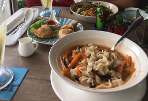Oriental sweet and sour noodle soup. Curry puffs. Friend spaghetti. at Melior 舒食馆 in Langkawi
