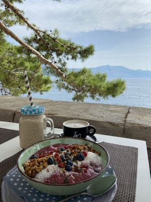 Delicious acai bowl, smoothies and various sweets and cakes.  at Aurora Sweets in Korcula