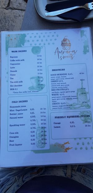 Menu (drinks) at Aurora Sweets in Korcula