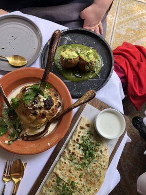 Chou-fleur with tahini and orange blossom, Goy Qutab, & fried vegan chicken balls stuffed with spinach. All delicious!   at Shirvan Cafe Metisse in Paris