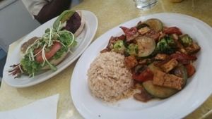I stir fry and a beet and black bean burger at Jyoti-Bihanga in San Diego