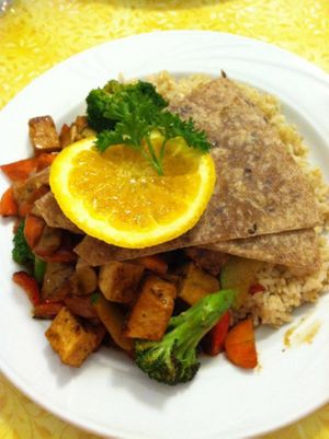 Veggies, tofu, rice, and tortillas at Jyoti-Bihanga in San Diego