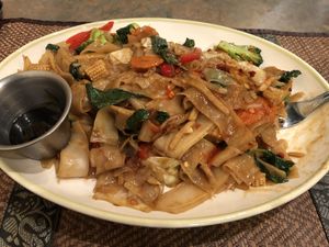 Kee mao (drunken noodles), vegan and gluten-free, onions, garlic, or mushroom at Bai Tong in Loveland