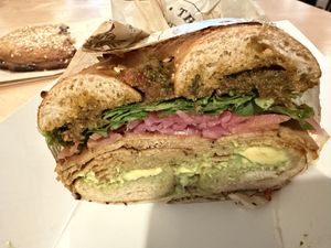 New seitan sandwich on onion bagel   at The Bagel Mill in Petaluma