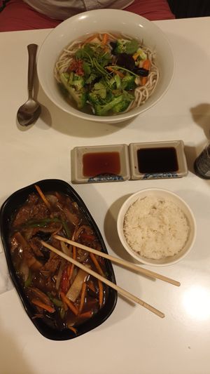 Seitan saute with veggies, sticky rice, veggie soup at Yamato 356 in Marseille