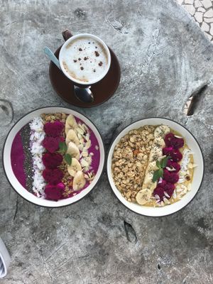 We had two smoothie bowls which where super yummy and a cappuccino with soy milk without extra charge on the soy milk! Would definitely recommend that place :) at Le Bamboo Bali in Pecatu