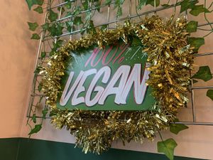 Vegan signs   at Monstera Canteen in Luton