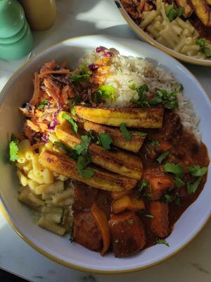 Stew, Mac, slaw and plantains at Monstera Canteen in Luton