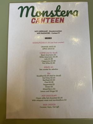 Drinks menu  at Monstera Canteen in Luton