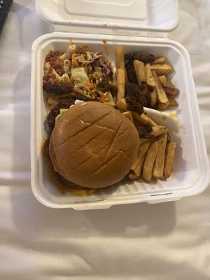 Burger with Fries and Mac and Cheese!🤤  at Monstera Canteen in Luton