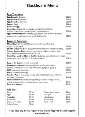 Shine Cafe's Summer 2019/2020 Menu at Shine Cafe in Lower Hutt