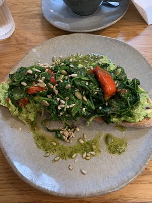 Delicious! Smashed avocado with sun-dried tomatoes, spinach, sunflower and pumpkin seeds  at The Find in Cheltenham