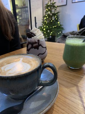 Soya coffee and a super green smoothie - ignore the non vegan Oreo milkshake!  at The Find in Cheltenham