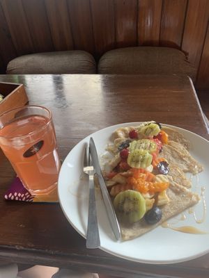 Vegan mixed fruit crepe & kombucha  at Crepes Pancake Hut in Dharamshala