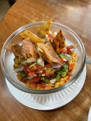 Burrito bowl- filling and delicious (peas may be undercooked )  at Crepes Pancake Hut in Dharamshala