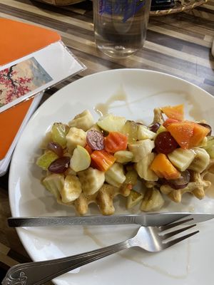 Waffle with fruit   at Crepes Pancake Hut in Dharamshala