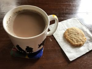 vegan massala tea and vegan gluten free coconut cookie 😋  at Crepes Pancake Hut in Dharamshala