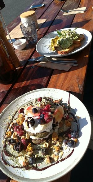 Vegan pancakes and avo on toast at Madem Espresso in Wangaratta