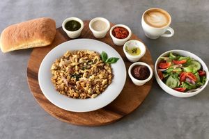 breakfast- tofu "egg", salad and spreads at Hativonit J17 in Tel Aviv