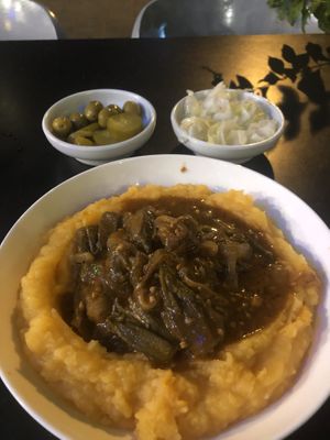Okra with mashed potatoes and root vegetables  at Hativonit J17 in Tel Aviv