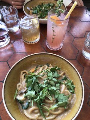 Mushroom udon noodles, Richard and Jaan (names of the cocktails). at Ülo in Tallinn