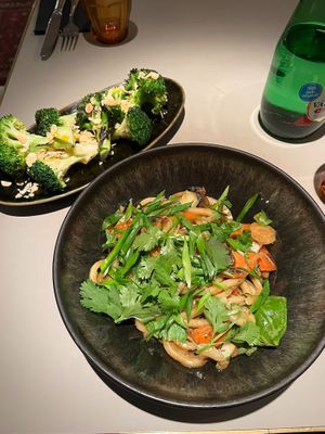 Udon noodles with side of grilled broccoli  at Ülo in Tallinn