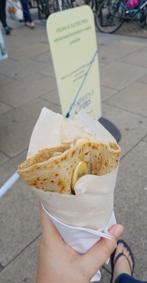 Vegan (buckwheat) crepe with bananas, strawberries, and sugar. at Cambridge Crepes in Cambridge