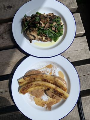 Shroom,spinach,cashew cheese on toast+PB,banana,maple,cinnamon on English muffin  at Mighty Wieners  in Bournemouth