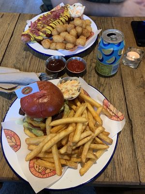 Burger and hot dog  at Mighty Wieners  in Bournemouth