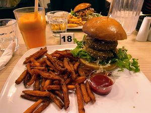 Veggie burger with sweet potato fries   at Cafe Esmeralda in Nuuk