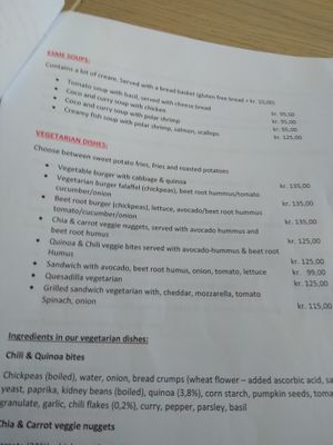 English menu, vegetarian dishes at Cafe Esmeralda in Nuuk