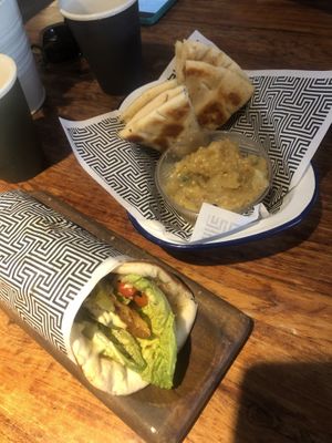 Pythagoras vegan chick*n wrap and smoky aubergine dip   at Zeus Street Greek - South in Brisbane