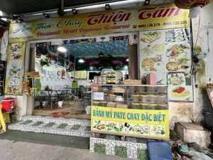 Outside of the restaurant: note the different names   at Thien Tam - Passionate Heart Vegetarian in Da Nang