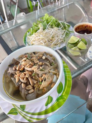 Quang Noodles plus loads of veggies at Thien Tam - Passionate Heart Vegetarian in Da Nang