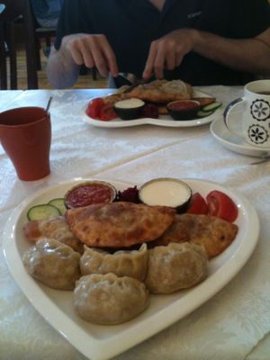 Delicious mongolian combo plate (10.400 T approx), with vegeterian version of the wide-spread mongolian fastfood, and dumplings at Bilig Vegan Bistro in Ulaanbaatar