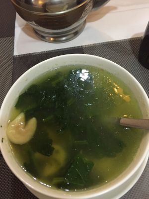 Spinach soup with mini dumplings at Bilig Vegan Bistro in Ulaanbaatar